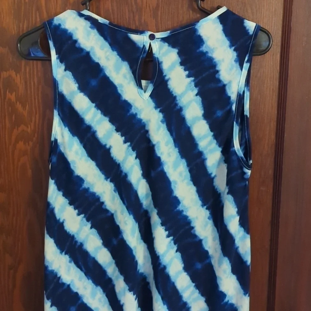 Soft Surroundings Sz M Asymmetric Hem Blue White Stripes Semi See Through Tunic